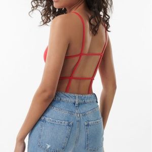 Garage red ribbed cage-back bodysuit